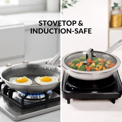 Image of Nestasia Triply Stainless Steel Honeycomb Fry Pan with Glass Lid 24 cm (1.75L) - Non Stick Frying Pan with Air Vent Lid for Healthy Cooking | Induction & Gas Stove Friendly, Even Heating, Less Oil Use