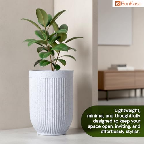 Image of Bonkaso 18 Inch Burj Khalifa Ribbed Planter for Indoor & Outdoor Use | Round Heavy Duty Polymer Flower Pot | Lightweight Weather Resistant Modern Gamla for Living Room Balcony & Terrace (White)