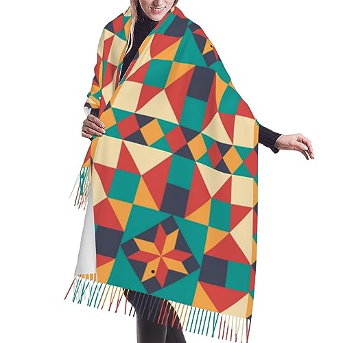 Colorful Barn Quilt Pattern Women Scarf Fall Winter Tassel Scarf Warm Large Wrap Shawl Scarf 27x77 Inch