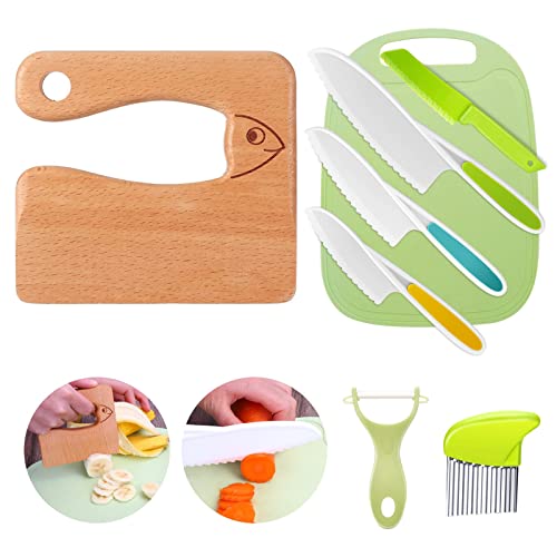 Juego de cuchillos de cocina para niños, 8 piezas, para cortar y cocinar frutas o verduras para niños pequeños, incluye cuchillo de madera, pelador (pescado)