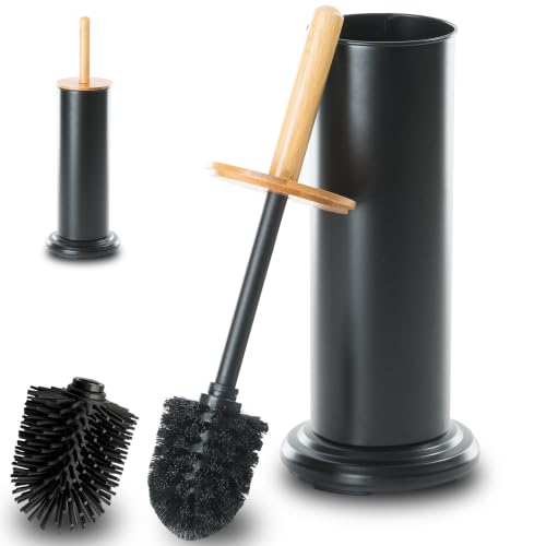 Image of Toilet Bowl Brush and Holder, Toilet Brush with Bamboo Handle and Covered Holder, Dual Brush Options, Weighted Metal Base (Black)