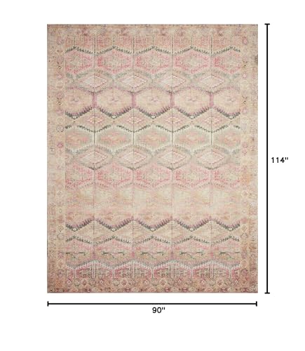 Loloi Layla Collection LAY-17 Pink/Lagoon 7'-6" x 9'-6" .13" Thick Area Rug, Soft, Durable, Vintage Inspired, Distressed, Low Pile, Non-Shedding, Easy Clean, Printed, Living Room Rug
