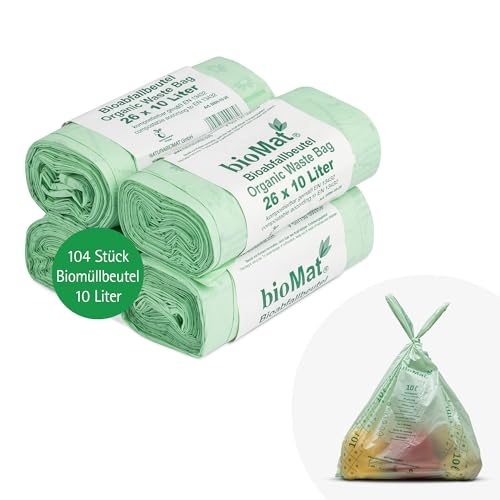 bioMat Kompostierbare 10l Biomüllbeutel mit Tragegriff, 104 Tüten, Premium-Qualität, DIN+ Zertifiziert, Klimaneutral, Made in Germany