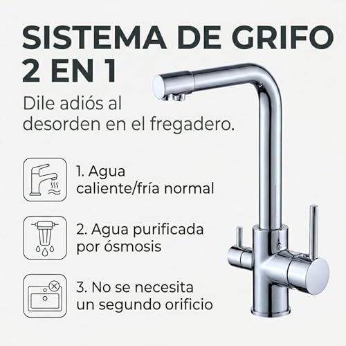Miniatura 3 de Valaz Grifo Osmosis 3 Vías Cromado Grifos Cocina Fregadero Alta Presión, Monomando, Giratorio 360 , Ahorro De Agua Instalación Fácil Y Rápida Latón, Acero Inoxidable, Serie Nilo
