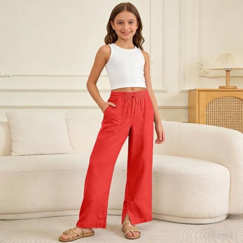 Image of Girls Linen Pants Wide Leg School Uniform Pants Cozy Elastic Waist Summer Casual Beach Lounge Trousers with Pockets