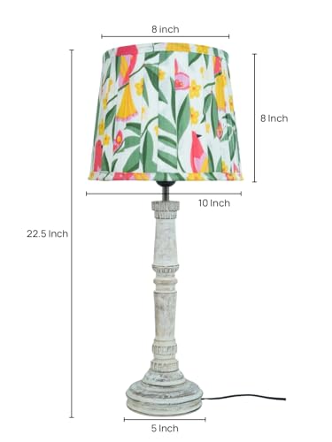 Image of Green Girgit Wooden Distress White Empire Lamp with Pleeted Multicolor Yellow Leaves Lamp Shade