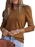 Dokotoo Womens Tops Long Puff Sleeve Wool Tops Casual Crew Neck Sweaters Knit Pullover Sweatshirts Cute Tunic Basic Tee Brown Pullover Blouses X-Large