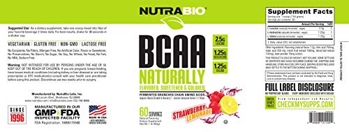 Nutrabio Bcaa 5000 Powder - Fermented Branched Chain Amino Acids For Muscle Growth & Recovery - Natural Flavors, Sweeteners, And Coloring, Vegan, Gluten Free - Strawberry Lemonade, 60 Servings #TOP6