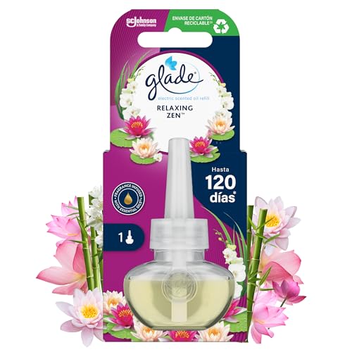 Glade Ambientador Eléctrico Líquido Regulable Relaxing Zen, Dura Hasta 120 Días, con Aceites Esenciales, 1 Recambio