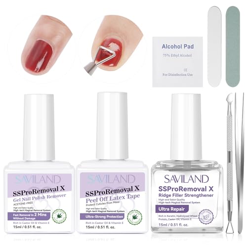 SAVILAND 3-In-1 Gel Polish Remover Kit: SSProRemoval X Fast Removal Nail Polish Remover for Nails with Liquid Latex for Nails & Nail Strengthener Rich in Castor Oil VE for Protection Nails