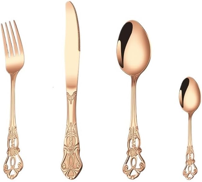 Silverware Flatware Set, 4/16/24/32/40/48 Pieces Stainless Steel Royal Tableware Knife And Fork Spoon Set Hotel Home Retro Relief Tableware Steak Knife And Fork Spoon(Rose Gold,24 Pieces fo