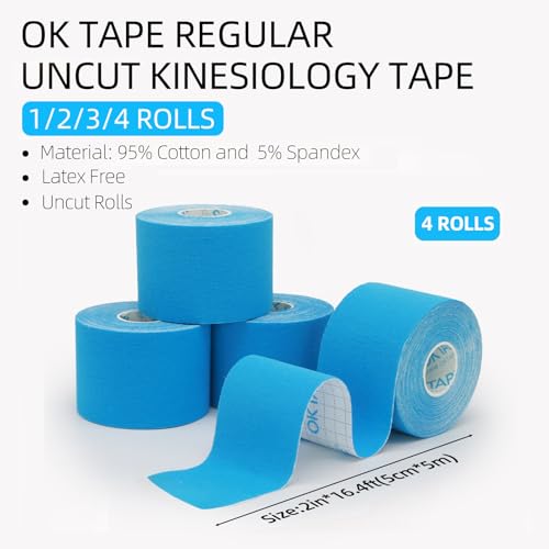 Image of OK TAPE Kinesiology Tape (4 Pack) Latex Free Cotton Uncut 2in x 16.4ft | Regular Original Elastic Water Resistant Therapeutic Athletic Tape for Support Muscle Joint Knee Injury Recovery Blue