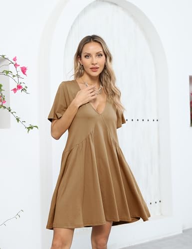 Image of Gozoloma Women Summer Short Sleeve Mini Dress Casual Loose V Neck Flowy Sundress Vacation Tshirt Sun Dress with Pockets