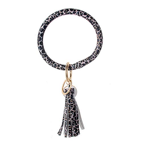 AOLLEN Bracelet porte-clés en cuir synthétique avec grand cercle et pompon, Léopard noir., Taille unique Cover