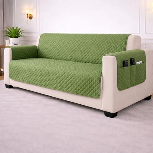 Image of STITCHNEST 'Airsoft Range Series' Solid Quilted Velvet Sofa Cover for 2 Seater | Premium Soft Velvet Sofa Protector | Olive Diamond Quilted Design with Armrest Pockets | Furniture Cover