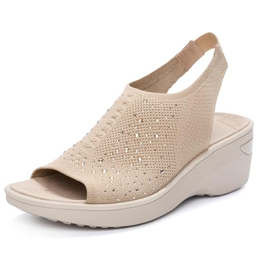 PACEON Women's Sparkly Platform Wedge Sandals Dressy Arch Support Walking Sandals with Memory Foam Comfortable Knit Mesh Peep Toe Slingback for Party Casual Summer Daily Khaki 11