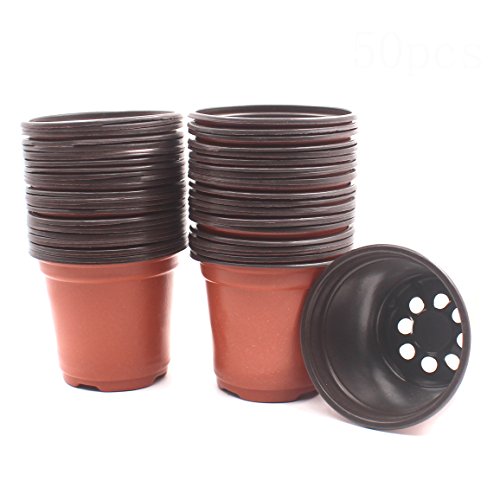 HAZOULEN Plastic Flower Seedling Pot Plants Nursery Pots, 50 Pack, Terracotta, 4 Inch