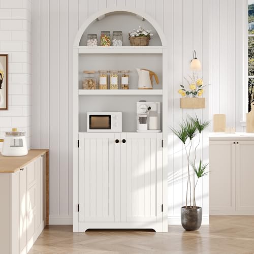 Garvee 72 in Modern White Arched Cabinet with Black Handles, 5-Tier Wooden Pantry Cabinet with Double Doors & Adjustable Shelf, Freestanding Bookcase