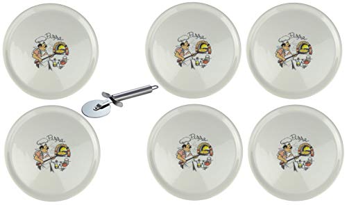 Saturnia Assiette à pizza XXL en porcelaine avec différents motifs + roulette à pizza en acier inoxydable (6 pièces, pâtisserie à pizza Ø 31 cm)