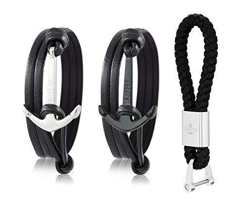 Preisvergleich Produktbild Skipper Set 2 Leder Anker-Armband Wickelarmband mit Schlüsselanhänger Silber 7452
