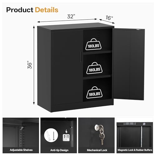 Metal Storage Cabinet 36" H,Steel Locking Cabinet with 2 Lockable Doors and 2 Adjustable Shelves Easy to Assemble for Home Office, Garage,School, Apartment, Warehouse, Utility Room,Black