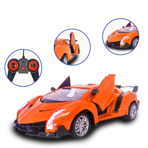 Carrinho de controle Remoto que abre e fecha as portas com luzes para meninos de 5 a 10 anos (Laranj