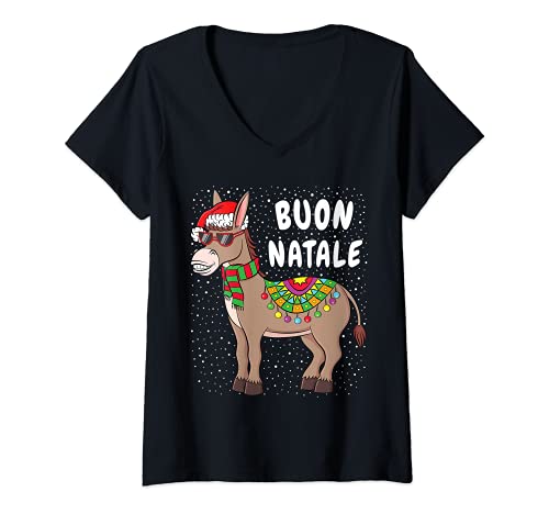 Femme Buon Natale American Italian Xmas Funny Christmas Donkey T-Shirt avec Col en V