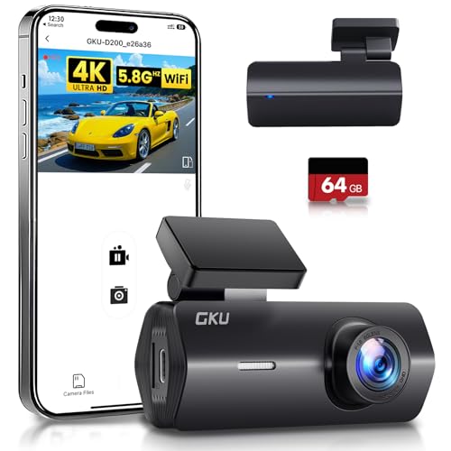 GKU 4K Dash Cam,Dash Cam Front with UHD 2160P, 5.8GHz WiFi DashCam,24H Parking Monitor,Night Vision,WDR,170&deg; Wide Angle,Loop Recording,G-Sensor,DashCam Front Includes 64GB SD Card,Supports 256GB Max.