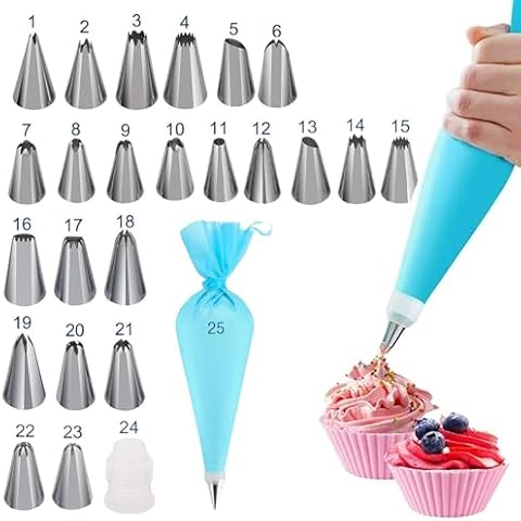 Bulfyss 23 Nozzles 1 Coupler & 1 Reusable Silicone Icing Bag Kit for Cup Cake Muffin Cake Icing Piping and Decoration (Total 25 Pieces with Storage Box) Cover