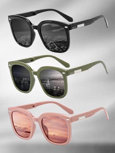 Folding Sunglasses for Women and Men Foldable Square Large Frame Driving Sunglasses Ultralight beaches Sun Glasses 3Packs