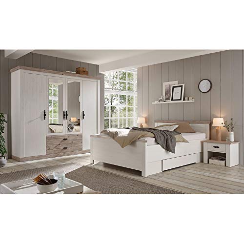 Lomadox 4-TLG. Landhaus Schlafzimmerset in Pinie weiß Nb. mit Absetzungen in Pinie dunkel Nb.