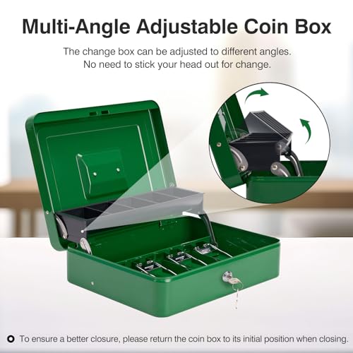 Sgorlds Cash Box Metal Money Box with Tray & Key Lock,Tiered Locking Cash Boxes,Durable Lock Safe Box with Key,4 Bill / 5 Coin Slots,Large 11.8L x 9.5W x 3.5H Inches (Key, Dark Green)