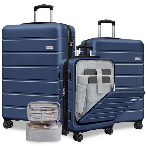Image of KEYTANG SmileLine 3-Piece Luggage Set Lightweight Hardside Suitcase TSA Lock Spinner Wheels, 20 inch Expandable Carry-On Luggage with Quick Access Front Open Pocket, Bonus Makeup Bag,Navy Blue