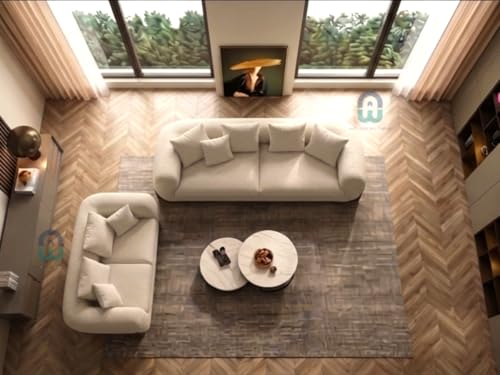 Image of Modern Sofa, Teddy Fabric, Chesterfield Style, Wooden Legs, for Living Room, Bedroom, Hallways (3+2 Seater)