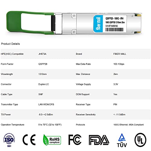 Image of 100G QSFP28 CWDM4 for HPE H3C JH673A,100GBASE-CWDM4, QSFP28 Optical Transceiver Module 1310nm 2km LC SMF DOM