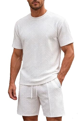 QUNERY Ropa Verano Hombre 2 Piezas Conjunto de Verano Hombre Jacquard Conjunto de Chándal de Manga Corta para Uso Diario y Vacaciones Blanco L