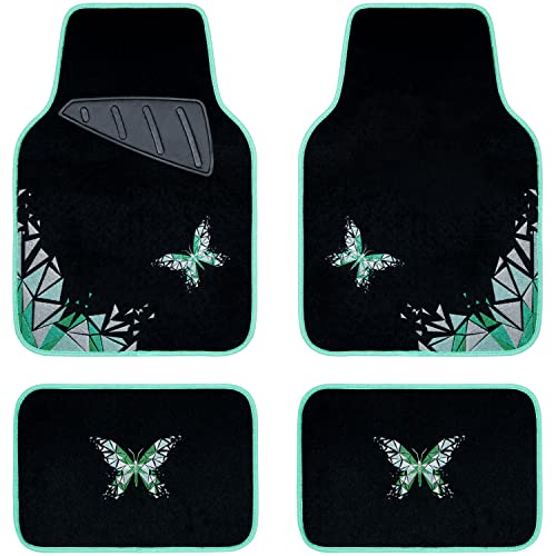 Car Pass Universal Embroidery Geometric Butterfly Car Floor Mats With Heel Pad -Waterproof -Anti Slip Nibs, Mint Car Floor Mats Fit 95% Automotive,Suvs,Sedan,Vans,For Women,Girly (Mint Butterflies) #TOP14