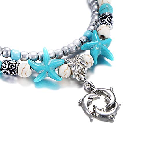 Image of Softones Blue Starfish Turtle Anklet Multilayer Charm Beads Sea Handmade Boho Anklet Foot Jewelry for Women
