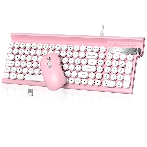 Keyboard and Mouse,RaceGT Pink Keyboard Retro Typewriter Keyboard Mouse and Keyboard Pastel Colourful Keyboard with Phone Holder Cute USB Wired Keyboard for Computer PC Laptop Desktop UK Layout