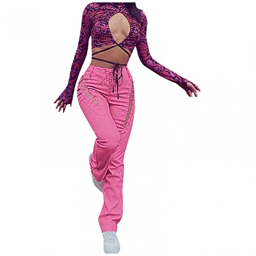 Leather Pants for Women Lace Up, Women Faux Leather Pants Sexy Hollow Out Lace Up High Waist PU Leather Trousers Y2K Streetwear Pink