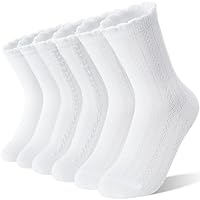 EBMORE White Girls Ruffle Socks Uniform School Dress Crew Cotton Textured Gifts Socks for Kids 6 Pairs Stocking Stuffers(White,5-8 Years)