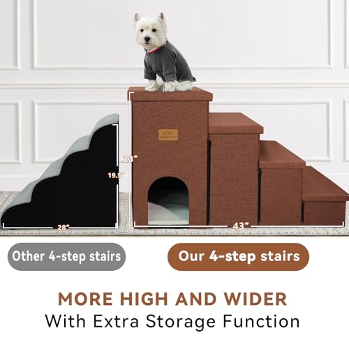 Image of Zerbuger Dog Stairs with Condo 23 inch H, 4-Step Wider Dog Steps for High Beds Window, Folding Storage Pet Stairs Gift for Small /Medium /Large Old Dogs Cats, Ramp for Climbing Car Hold Up to 200 lbs, Brown