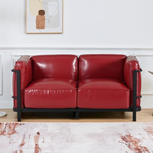 Image of 2 Piece Living Room Sofa set, Mid-Century Modern Upholstered Couch Faux Leather Sofa Couch with Iron Frame and Upholstered Armrest Backrest Cushion for Living Room, Office, Apartment (Burgundy)
