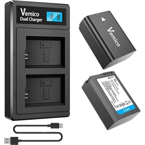 Vemico NP-FW50 Battery 2 Packs 1200mAh Replacement FW50 Batteries and USB-C Dual-Slot Charger for ZV-E10, Alpha A6500 A6300 A6000 A7S A7 A7SII A5100 A5000 A7R A7II RX10 II III Camera Cover