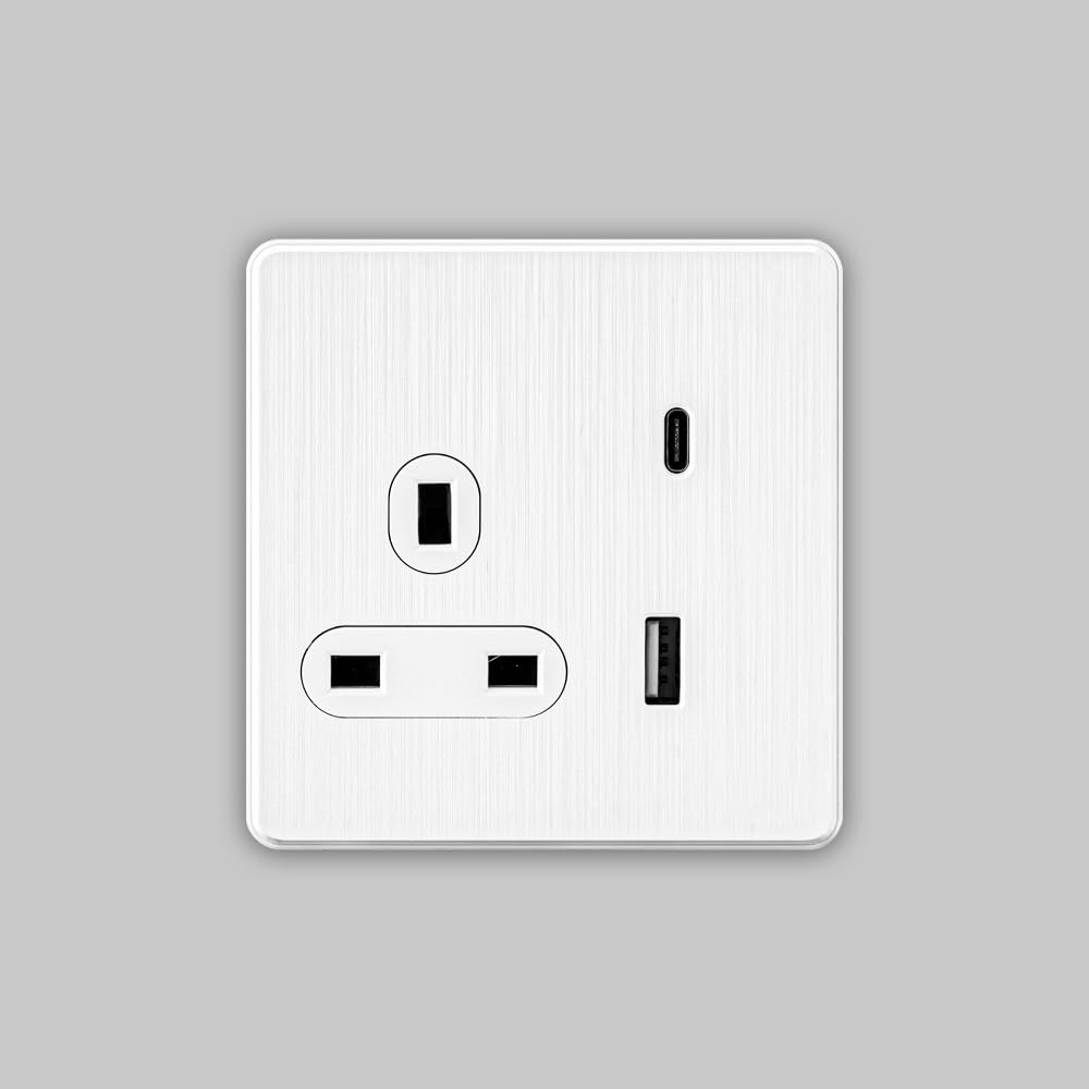Single 13A 1 Gang Double Pole Switched Socket with 2 Gang USB Fast Charger Socket Type C, 25-year warranty. (pearl)