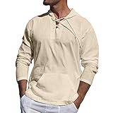 FASLOLSDP Herren Schnürhemd mit Vordertasche Leinenhemd mit Kapuzen Einfarbig Langarm Atmungsaktivität Strandhemd Regular Fit Leinenoptik Freizeithemd Lässiges Männer Shirt