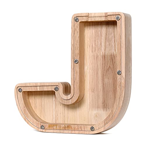 Image of CDUHB Personalized Wooden Letter Piggy Bank Alphabet Letter Decorative Sign Coin Bank Perfect Decor,Unique Gift, Keepsake, or Savings Money Box for Kids with Sticker for DIY (J)