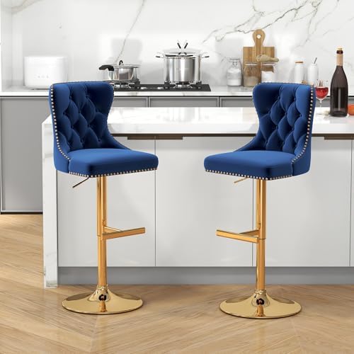 GOOLON Bar Stools Set of 2, Velvet Swivel Counter Height Stools with Tufted Back, Adjustable Seat with Nailheads Trim, Upholstered Bar Chairs with Gold Base for Kitchen Island, Pub, Blue - 1