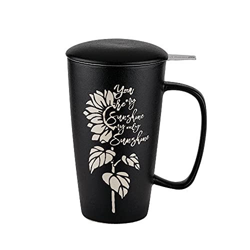 Taimei Teatime Ceramic Tea Mug With Infuser And Lid, You Are My Sunshine My Only Sunshine, 15.5 Oz Tea Infuser Mug With Large Strainer For Steeping Loose Leaf Tea, Women Man Office Home Gift, Black #TOP15