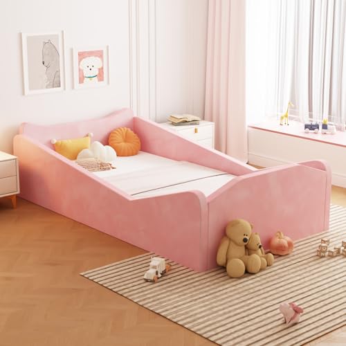 Image of JOYMOR Toddler Bed, Floor Bed with Safety Guadrail, Montessori Toddler Bed with Animal Ear Shapes, Soft Velvet Wood Bed for Infant, Kids, Mattress not Included (Pink)